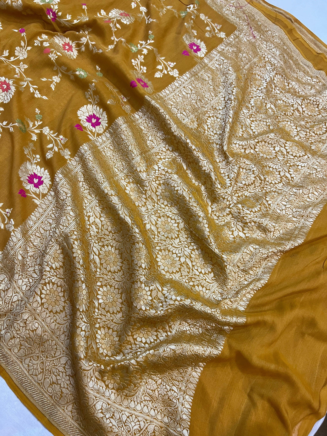 Mustard Yellow Banarasi Handloom Pure Moonga Georgette Saree - Aura Benaras