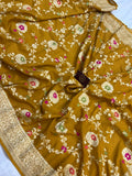 Mustard Yellow Banarasi Handloom Pure Moonga Georgette Saree - Aura Benaras