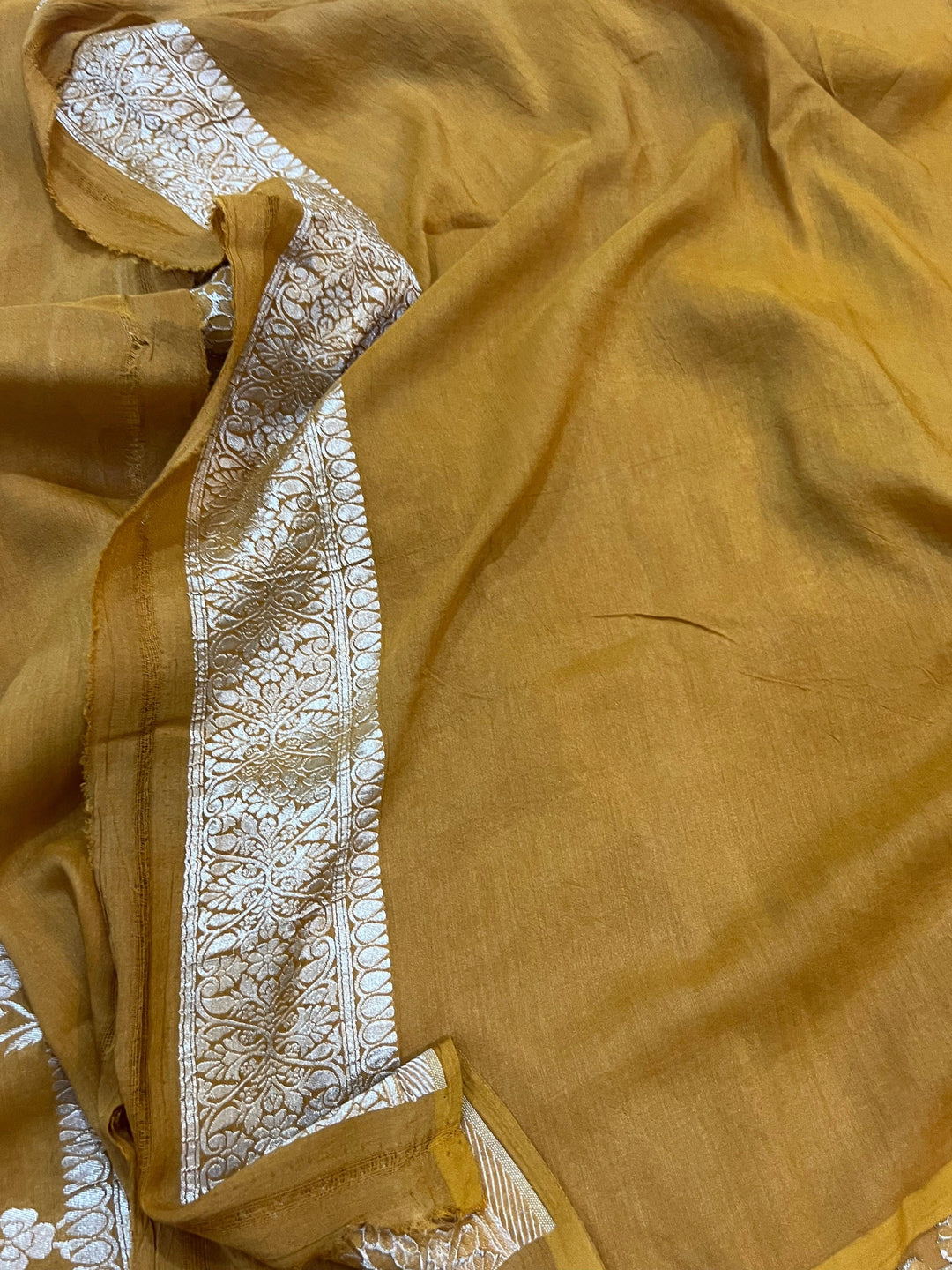Mustard Yellow Banarasi Handloom Pure Moonga Georgette Saree - Aura Benaras