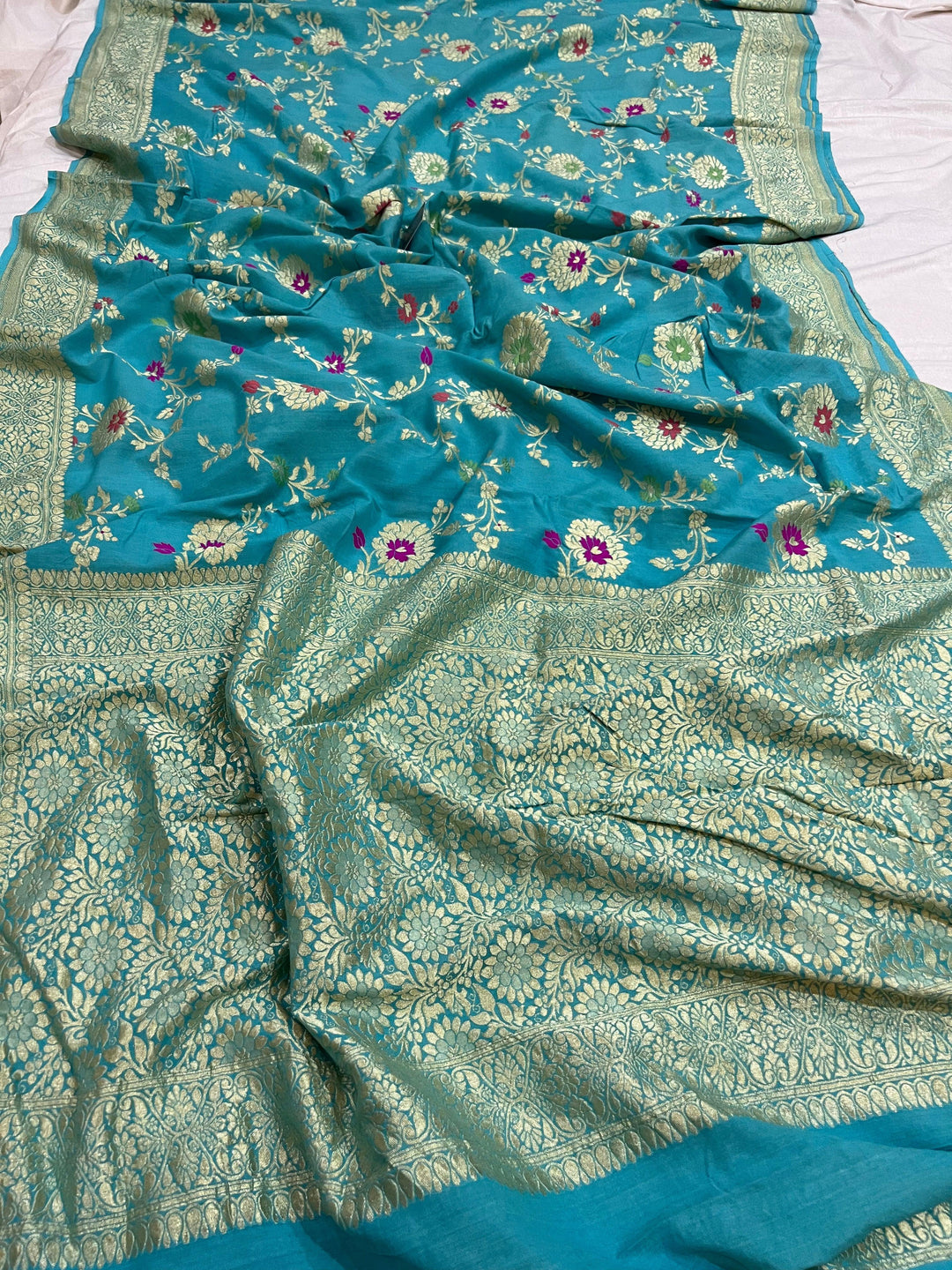 Firozi Blue Banarasi Handloom Pure Moonga Georgette Saree - Aura Benaras