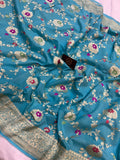 Firozi Blue Banarasi Handloom Pure Moonga Georgette Saree - Aura Benaras