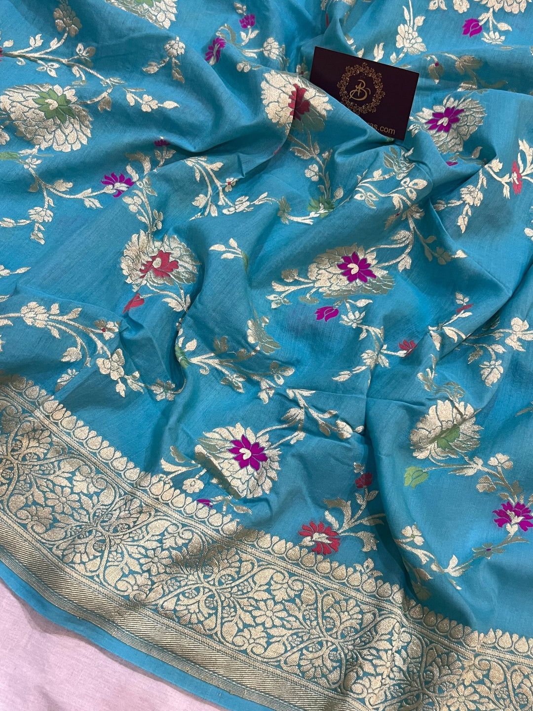Firozi Blue Banarasi Handloom Pure Moonga Georgette Saree - Aura Benaras