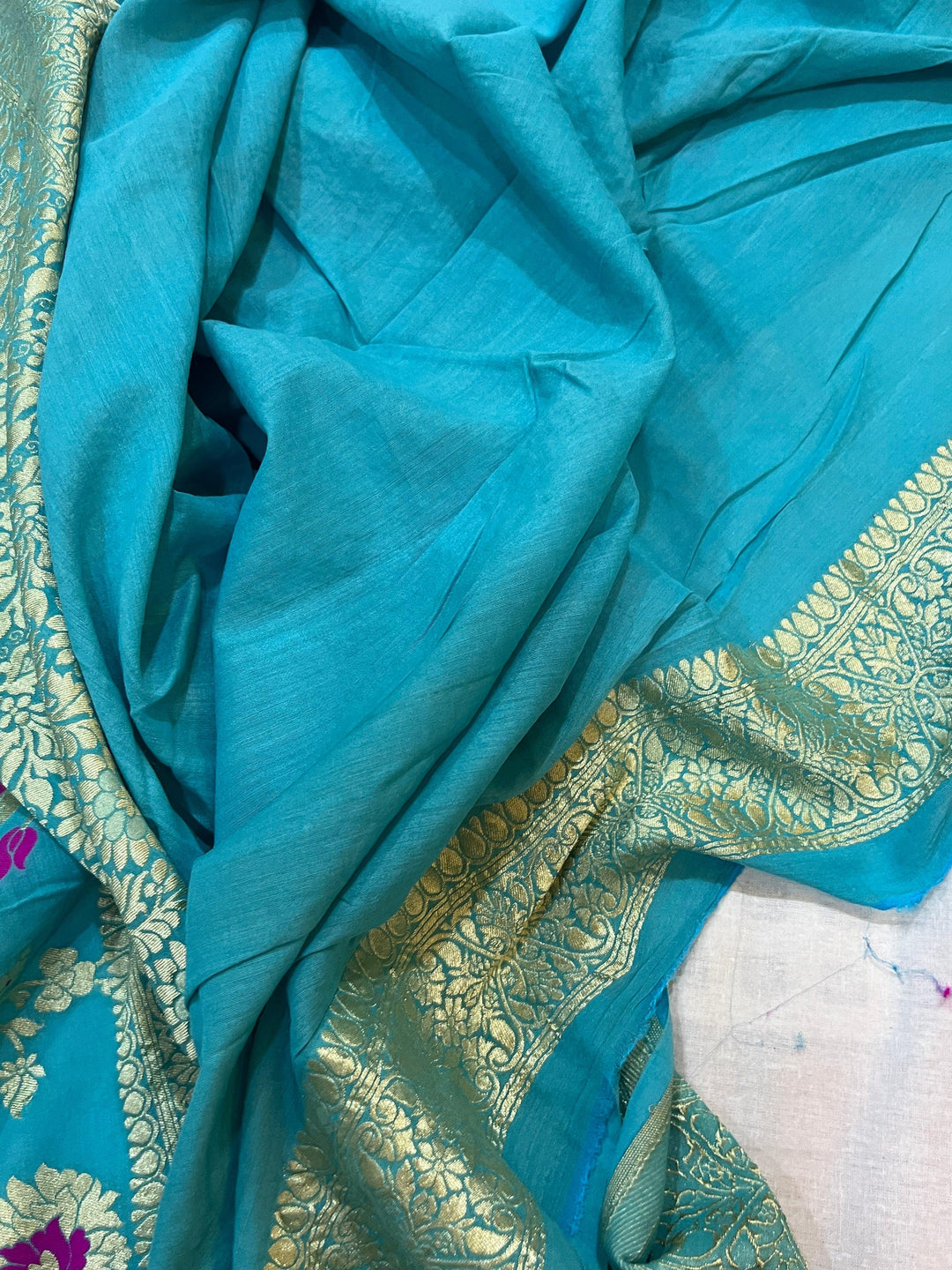 Firozi Blue Banarasi Handloom Pure Moonga Georgette Saree - Aura Benaras