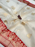 White-Red Banarasi Handloom Kora Silk Saree