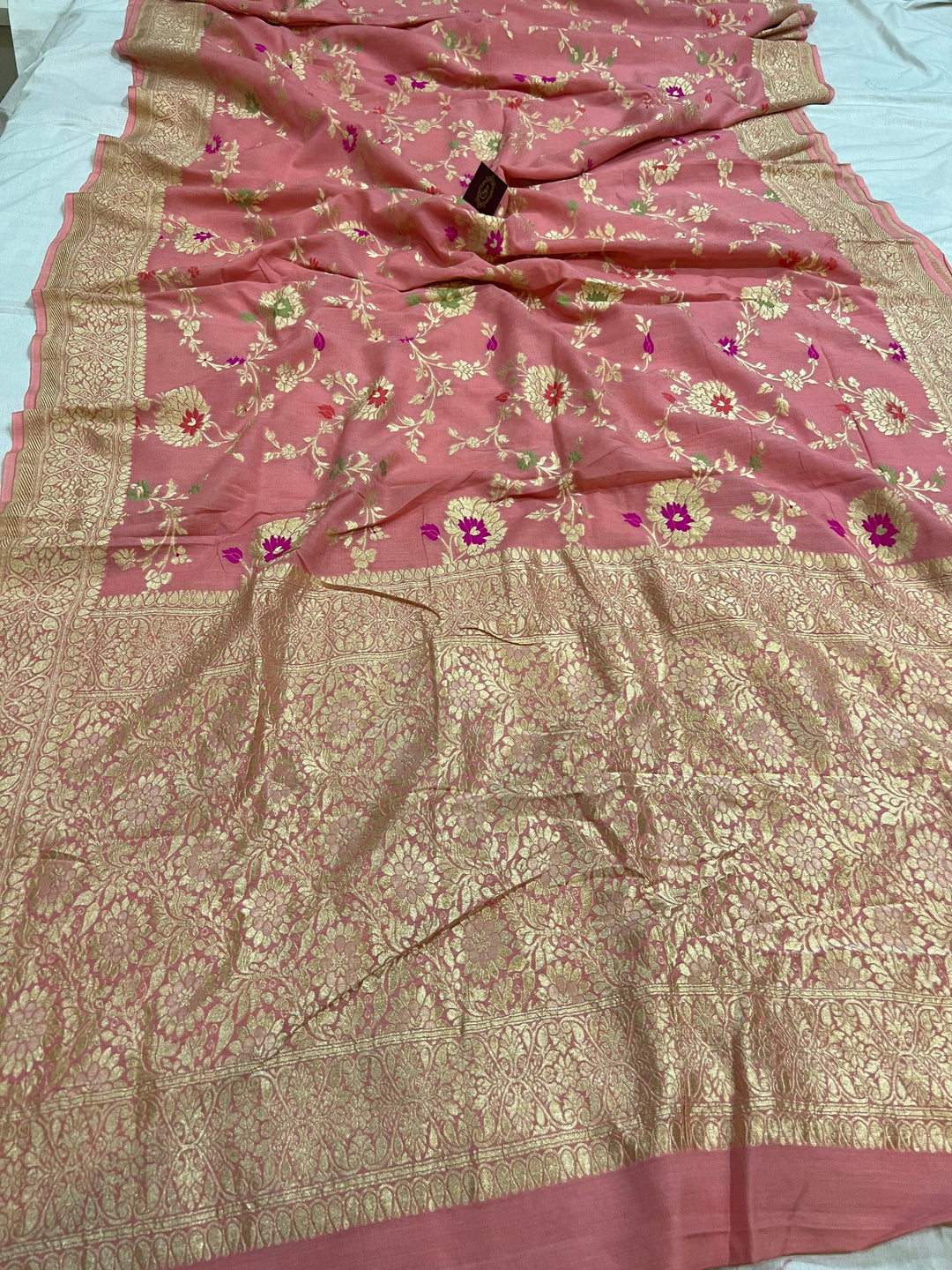 Peach Banarasi Handloom Pure Moonga Georgette Saree - Aura Benaras