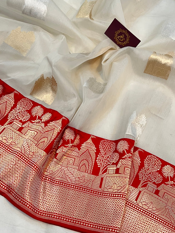 White-Red Banarasi Handloom Kora Silk Saree
