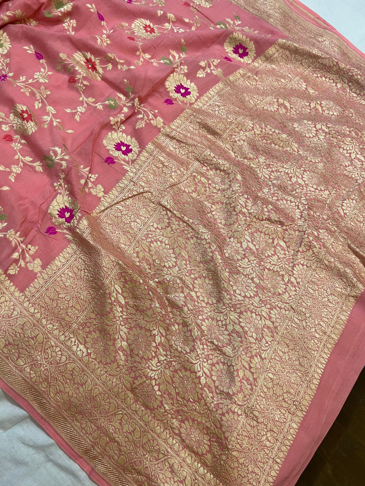 Peach Banarasi Handloom Pure Moonga Georgette Saree - Aura Benaras