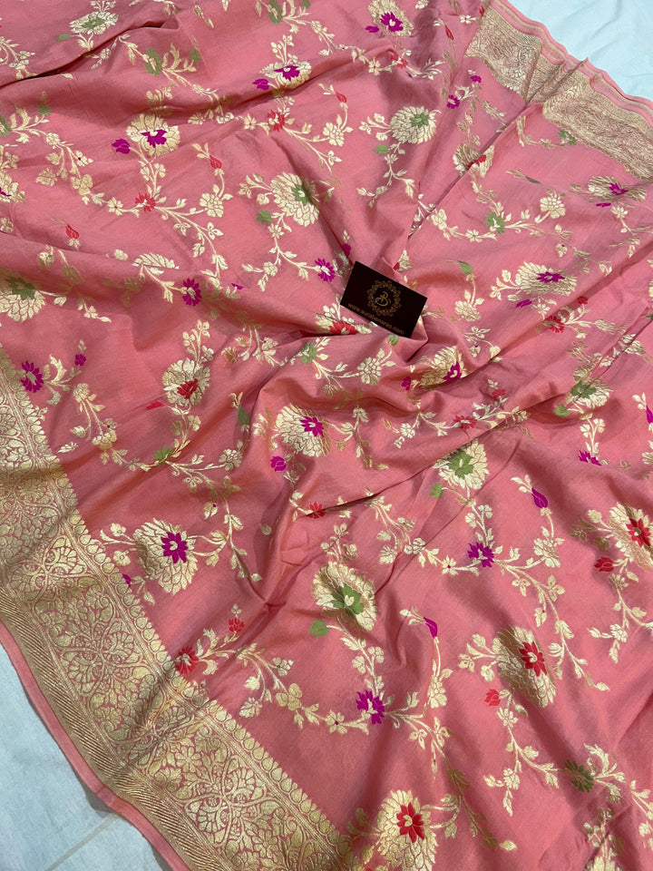 Peach Banarasi Handloom Pure Moonga Georgette Saree - Aura Benaras