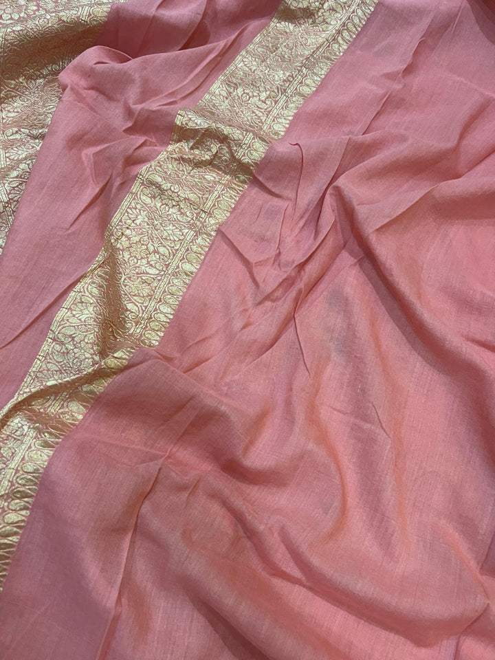 Peach Banarasi Handloom Pure Moonga Georgette Saree - Aura Benaras