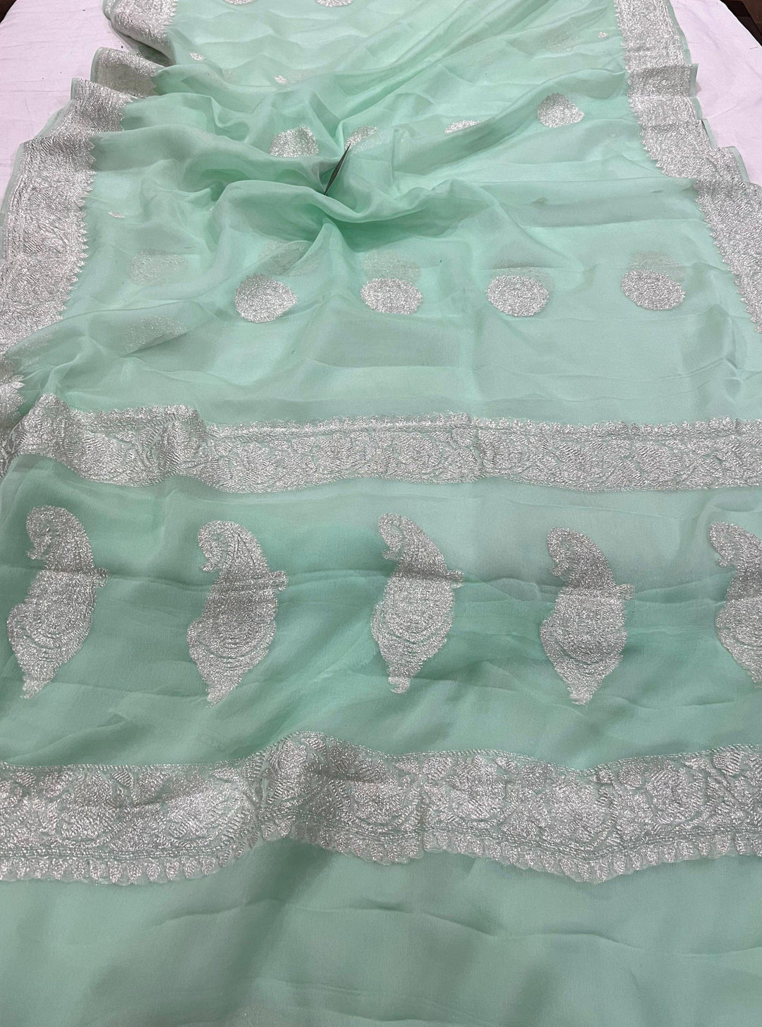 Mint Green Khaddi Chiffon Banarasi Handloom Saree - Aura Benaras