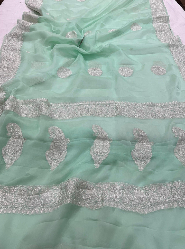Mint Green Khaddi Chiffon Banarasi Handloom Saree - Aura Benaras