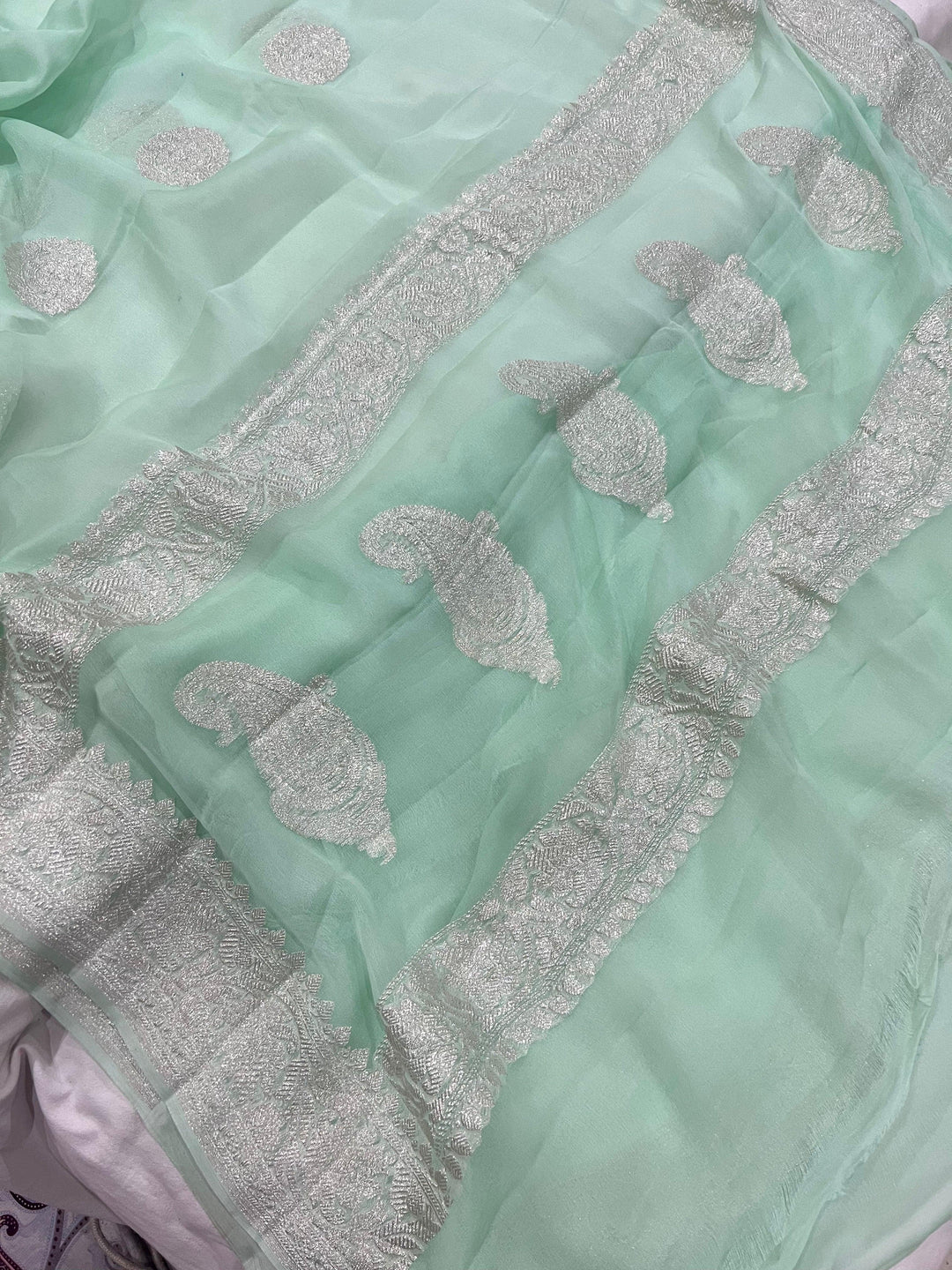 Mint Green Khaddi Chiffon Banarasi Handloom Saree - Aura Benaras