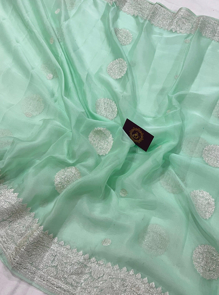 Mint Green Khaddi Chiffon Banarasi Handloom Saree - Aura Benaras