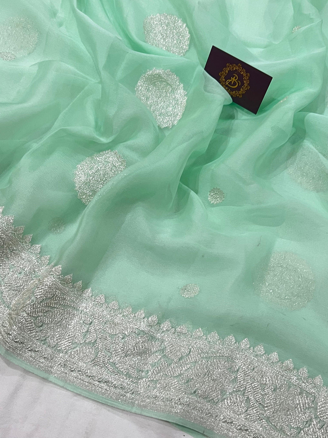 Mint Green Khaddi Chiffon Banarasi Handloom Saree - Aura Benaras
