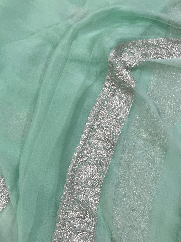 Mint Green Khaddi Chiffon Banarasi Handloom Saree - Aura Benaras