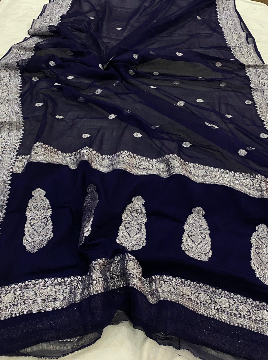 Navy Blue Khaddi Chiffon Banarasi Handloom Saree - Aura Benaras