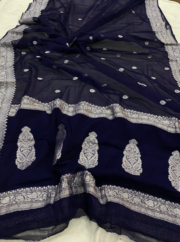 Navy Blue Khaddi Chiffon Banarasi Handloom Saree - Aura Benaras