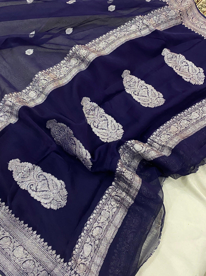 Navy Blue Khaddi Chiffon Banarasi Handloom Saree - Aura Benaras