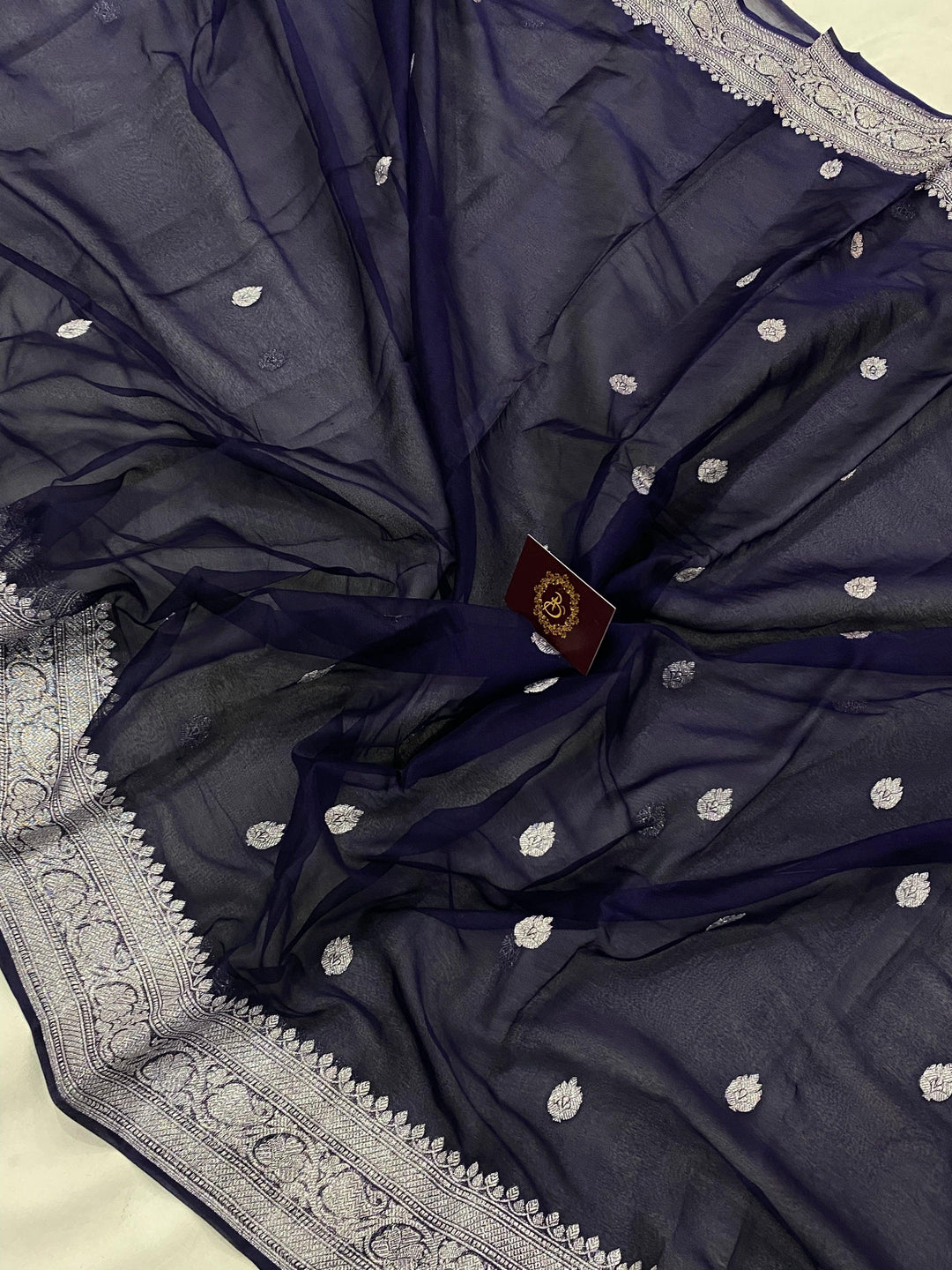 Navy Blue Khaddi Chiffon Banarasi Handloom Saree - Aura Benaras