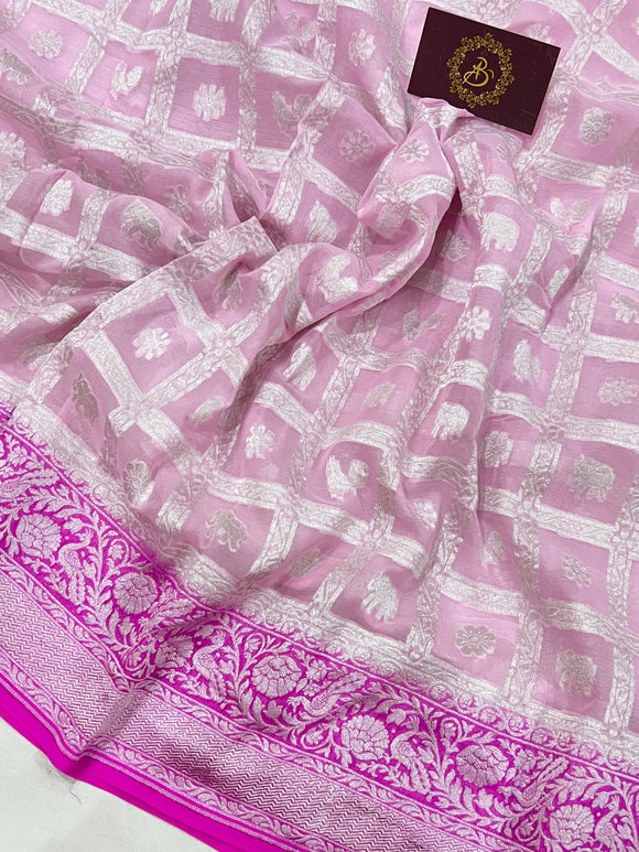 Baby Pink Banarasi Handloom Pure Khaddi Georgette Saree - Aura Benaras