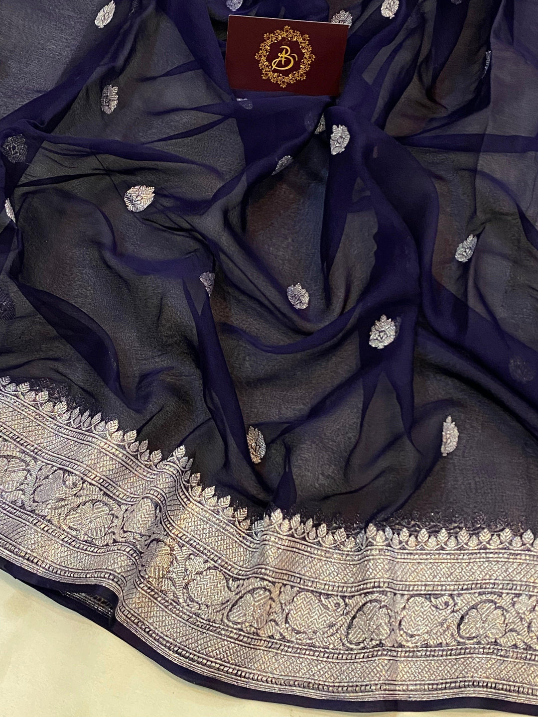 Navy Blue Khaddi Chiffon Banarasi Handloom Saree - Aura Benaras
