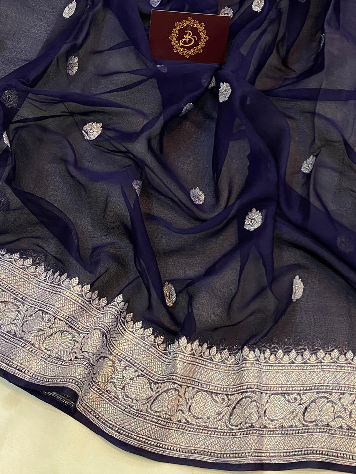 Navy Blue Khaddi Chiffon Banarasi Handloom Saree - Aura Benaras