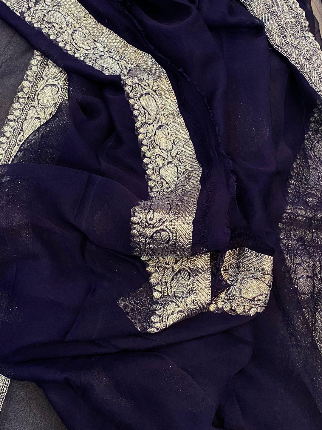 Navy Blue Khaddi Chiffon Banarasi Handloom Saree - Aura Benaras