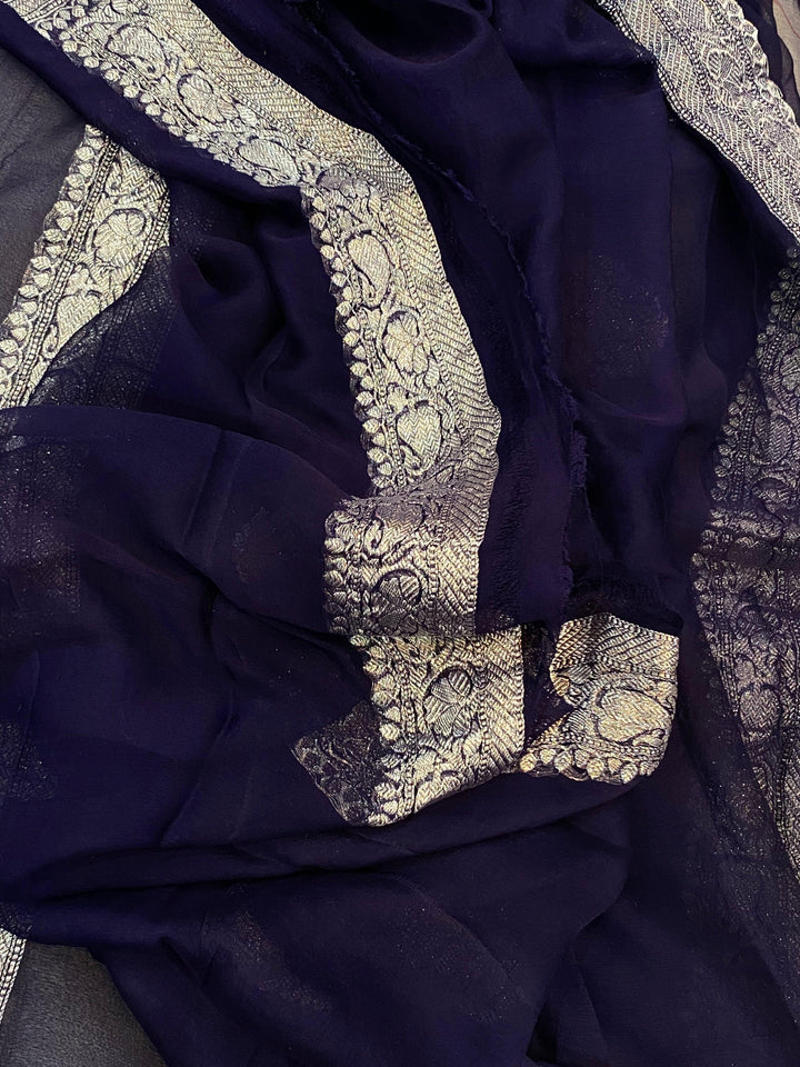 Navy Blue Khaddi Chiffon Banarasi Handloom Saree - Aura Benaras