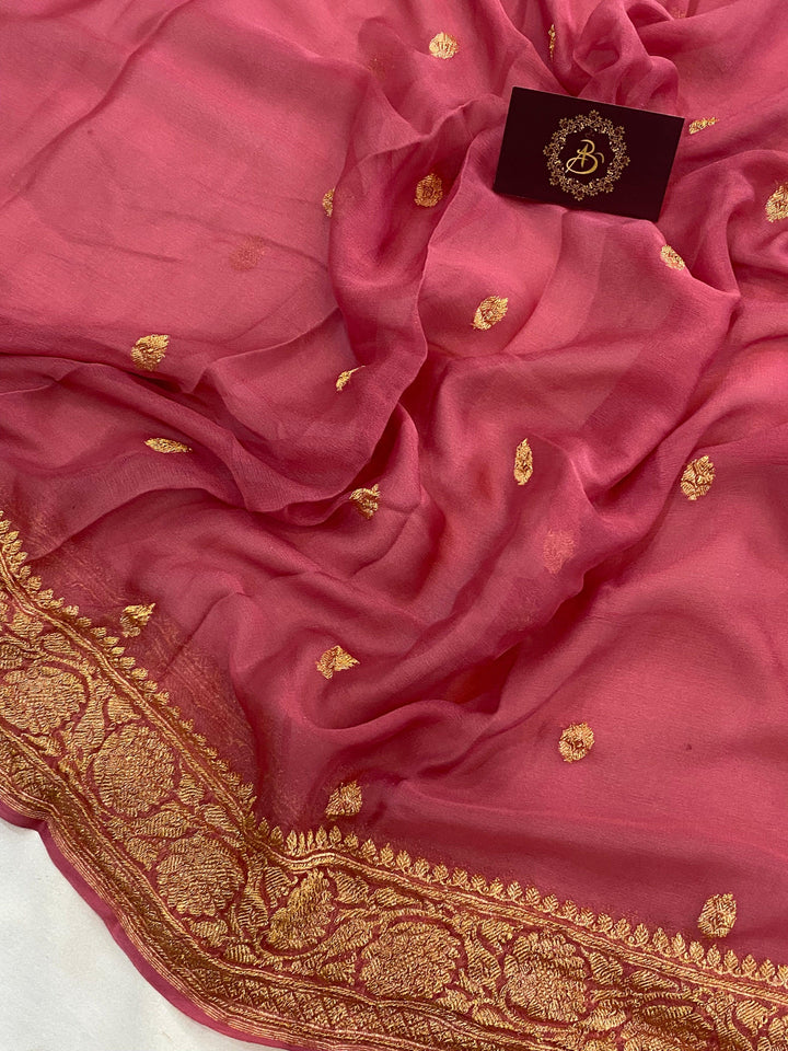 Onion Shade Banarasi Handloom Pure Chiffon Saree - Aura Benaras