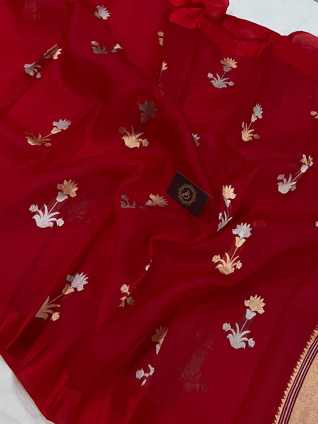Red Banarasi Handloom Kora Silk Saree - Aura Benaras