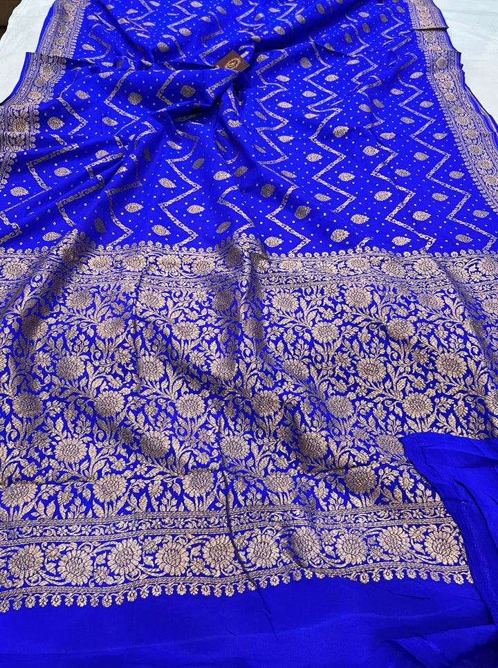 Royal Blue Pure Banarasi Khaddi Crepe Silk Saree - Aura Benaras
