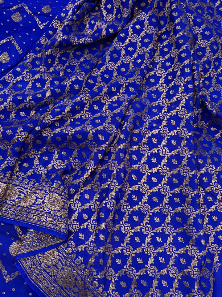 Royal Blue Pure Banarasi Khaddi Crepe Silk Saree - Aura Benaras