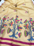 Cream Kadwa Handwoven Muslin Cotton Saree - Aura Benaras