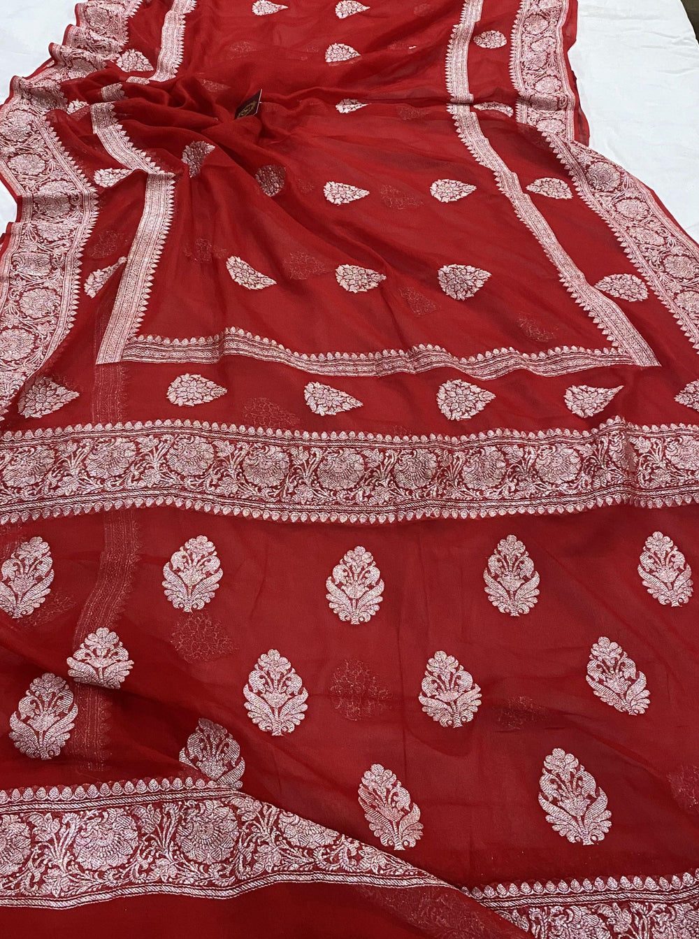 Red Buta Khaddi Chiffon Banarasi Handloom Saree - Aura Benaras