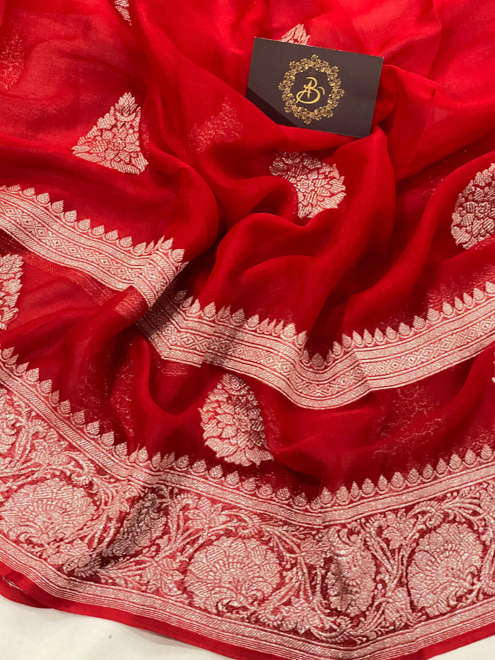 Red Buta Khaddi Chiffon Banarasi Handloom Saree - Aura Benaras