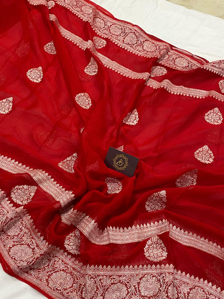 Red Buta Khaddi Chiffon Banarasi Handloom Saree - Aura Benaras