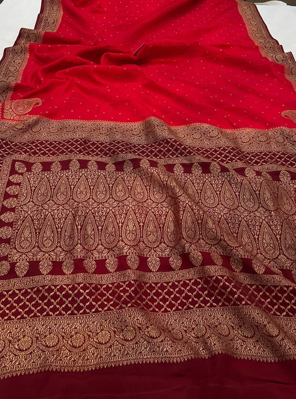 Red Pure Banarasi Khaddi Crepe Silk Saree - Aura Benaras