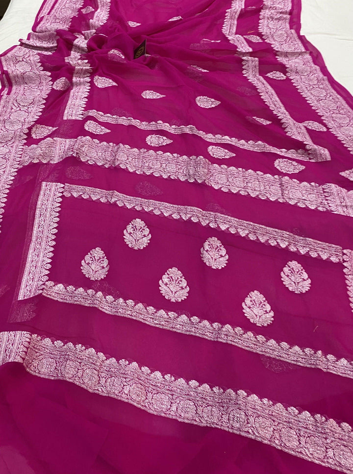 Pink Buta Khaddi Chiffon Banarasi Handloom Saree - Aura Benaras