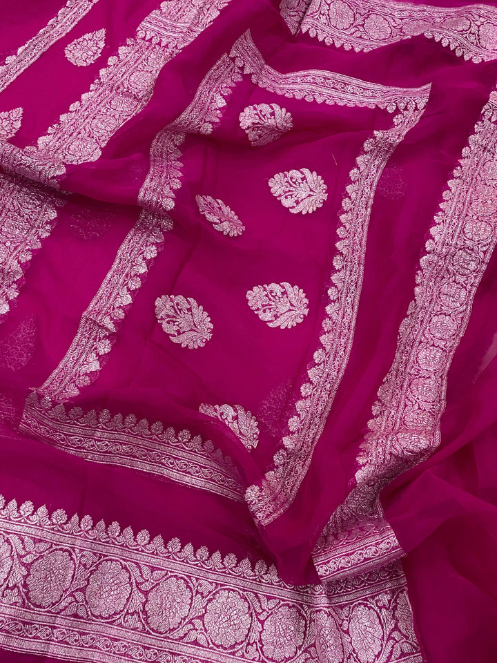 Pink Buta Khaddi Chiffon Banarasi Handloom Saree - Aura Benaras