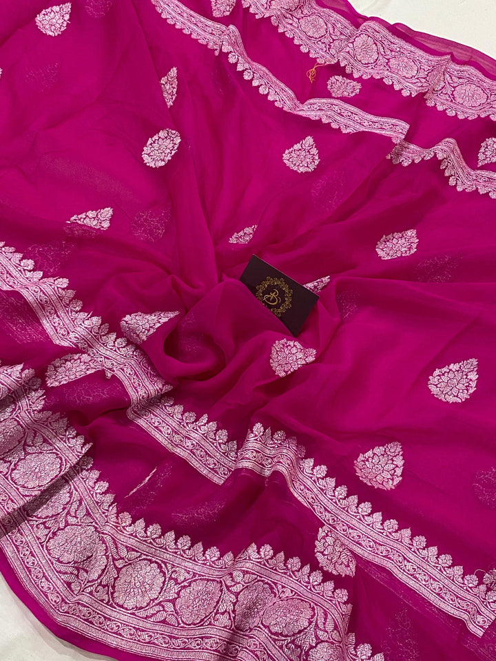 Pink Buta Khaddi Chiffon Banarasi Handloom Saree - Aura Benaras