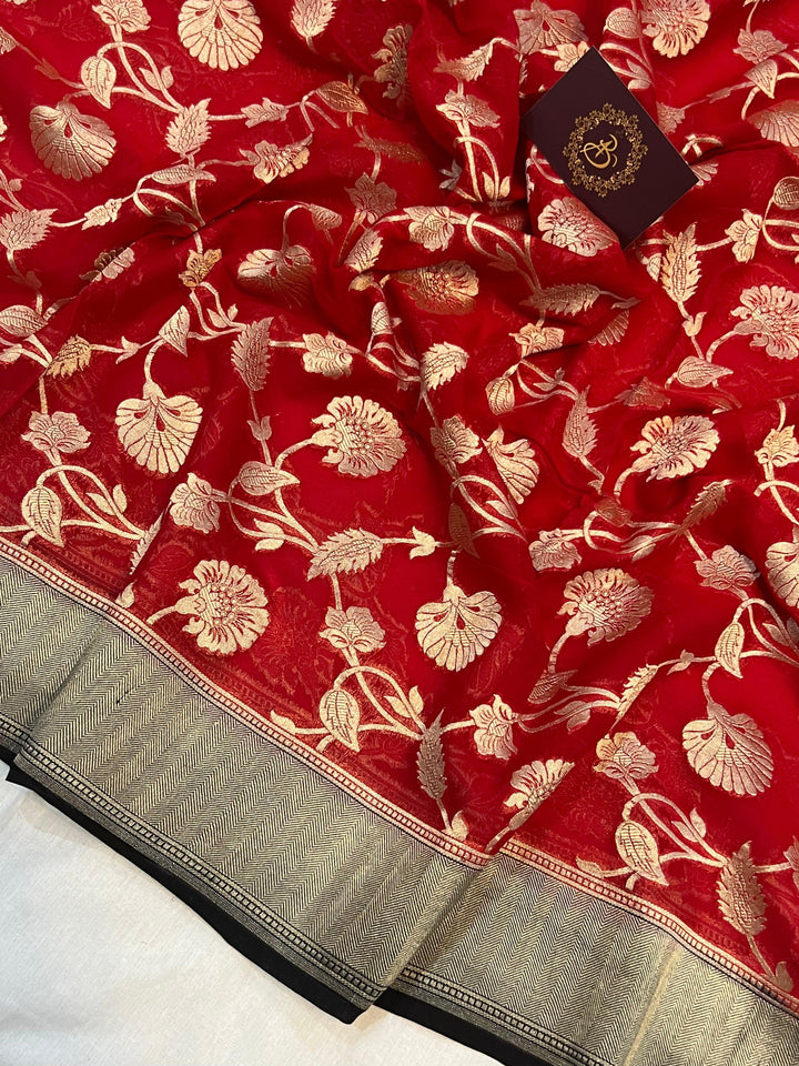 Red Pure Banarasi Handloom Khaddi Georgette Saree - Aura Benaras