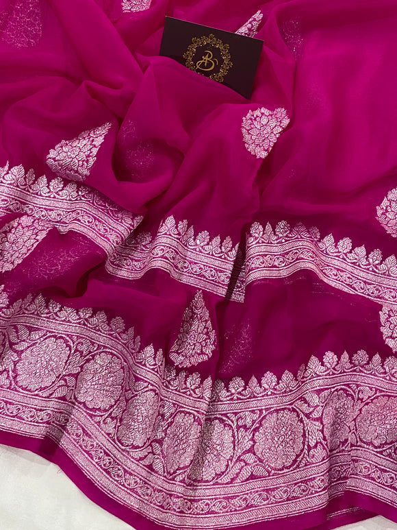 Pink Buta Khaddi Chiffon Banarasi Handloom Saree - Aura Benaras