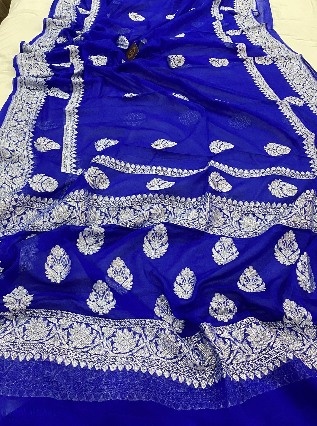 Royal Blue Khaddi Chiffon Banarasi Handloom Saree - Aura Benaras