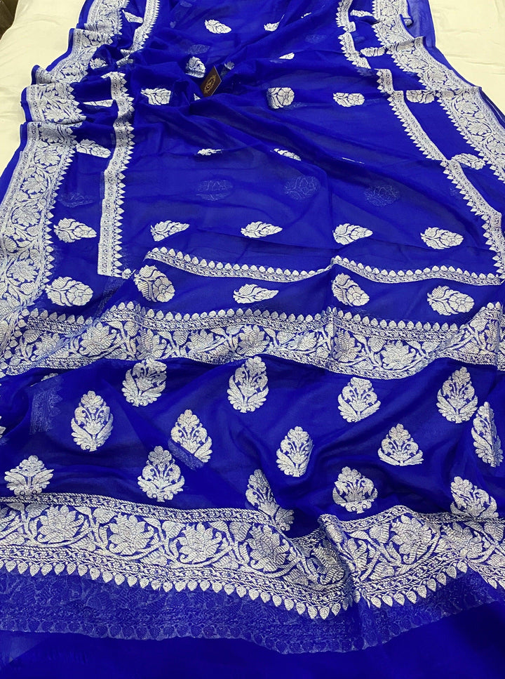 Royal Blue Khaddi Chiffon Banarasi Handloom Saree - Aura Benaras