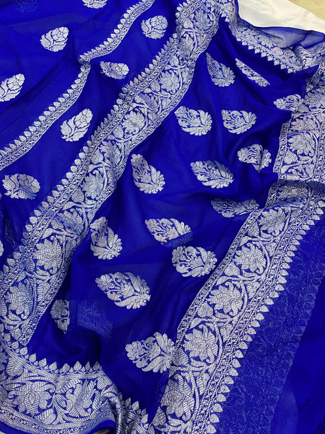 Royal Blue Khaddi Chiffon Banarasi Handloom Saree - Aura Benaras