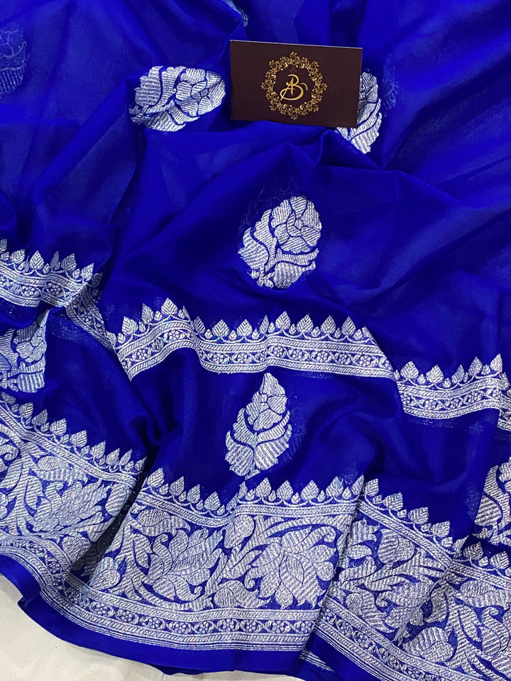 Royal Blue Khaddi Chiffon Banarasi Handloom Saree - Aura Benaras