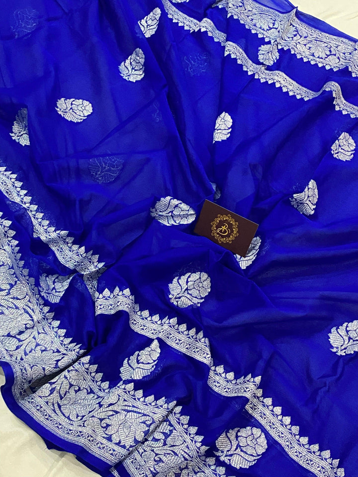 Royal Blue Khaddi Chiffon Banarasi Handloom Saree - Aura Benaras