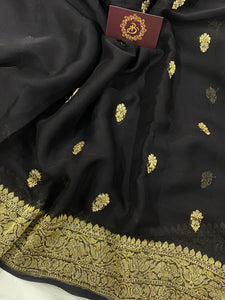Black Pure Banarasi Khaddi Chiffon Saree - Aura Benaras