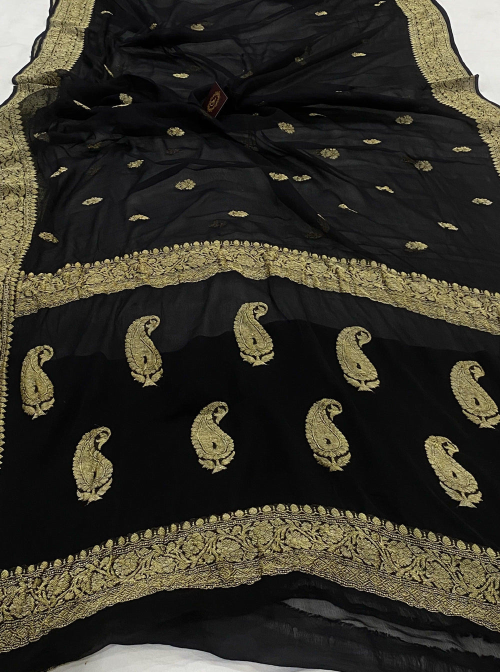 Black Pure Banarasi Khaddi Chiffon Saree - Aura Benaras