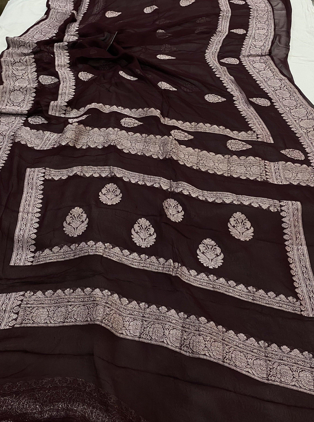 Brown Buta Banarasi Khaddi Chiffon Georgette Saree - Aura Benaras